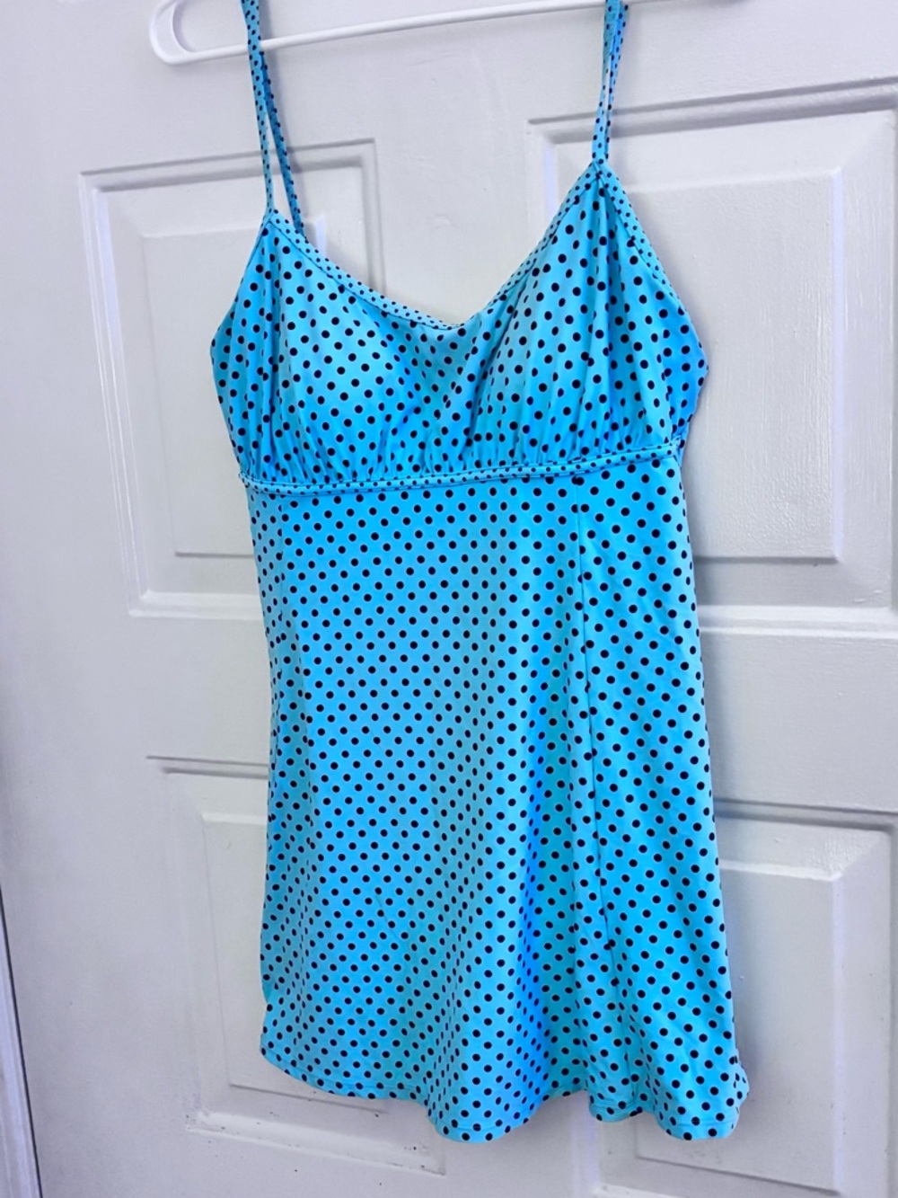Beach House Aqua Blue Polka Dot One-Piece Swim Dress with Black Dots